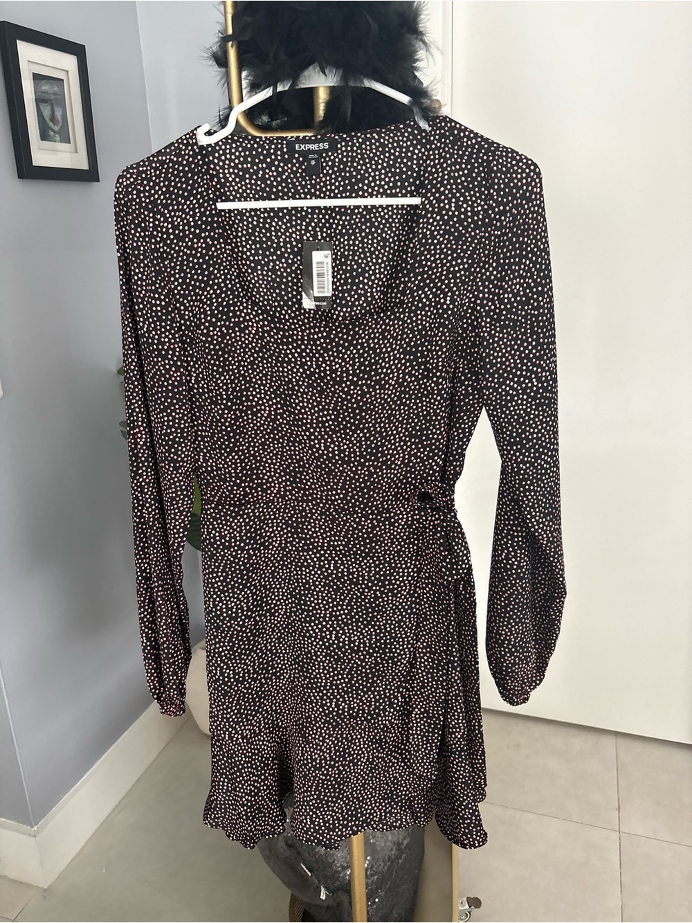 Express Brown and White Polka Dot Midi Wrap Dress